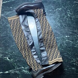 Fendi Brown & Black FF Logo Knit thigh high Boots